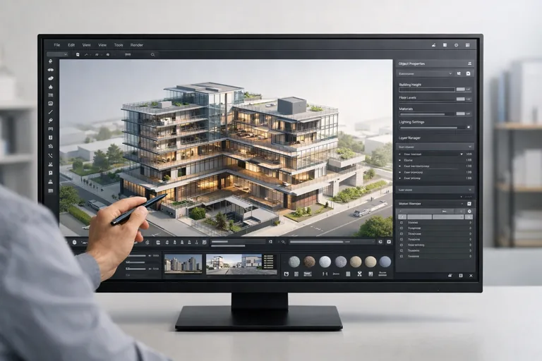 Bir mimarlık stüdyosunda çalışan tasarımcı büyük ekranda karmaşık bina modelini döndürerek katmanları ve yapısal detayları inceliyor