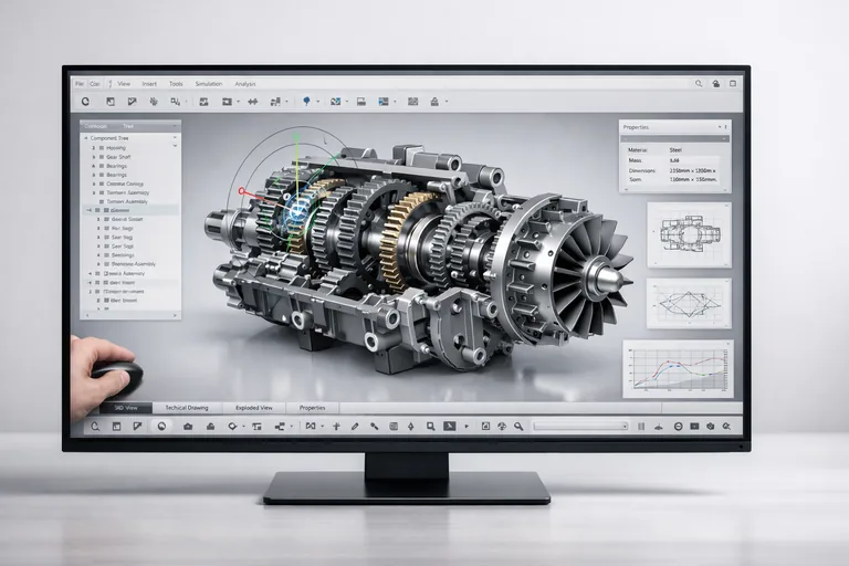 Bir tasarım mühendisi çoklu monitörlü çalışma istasyonunda karmaşık mekanik montaj modelini döndürerek parça ilişkilerini analiz ediyor