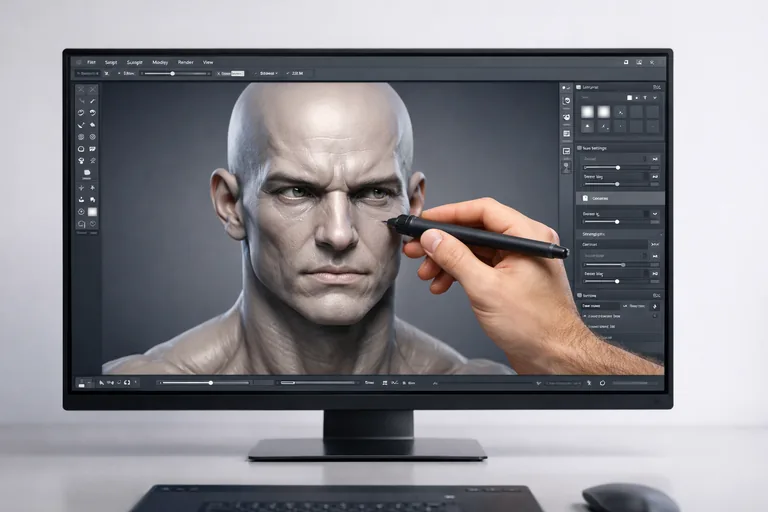 yüksek poligon detaylara sahip dijital karakter büstü üzerinde sculpting araçlarıyla çalışan sanatçı