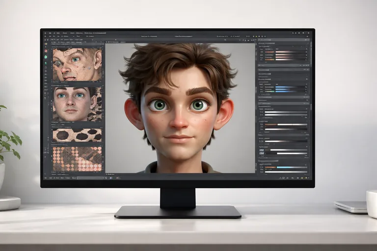 dijital karakter modelinin kaplama ve doku haritalarıyla renklendirilmiş gerçekçi yüz detayları