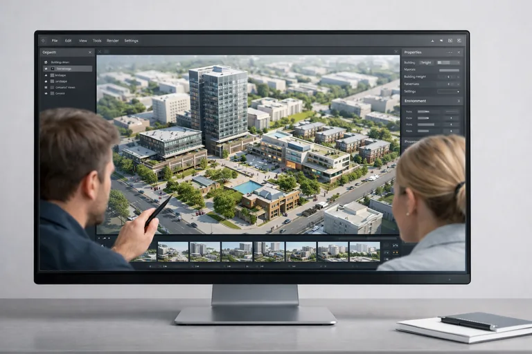 mimarlık ofisinde çalışan tasarım ekibinin bilgisayar ekranında detaylı bina modelini düzenleyerek render ayarlarını yaptığı çalışma ortamı