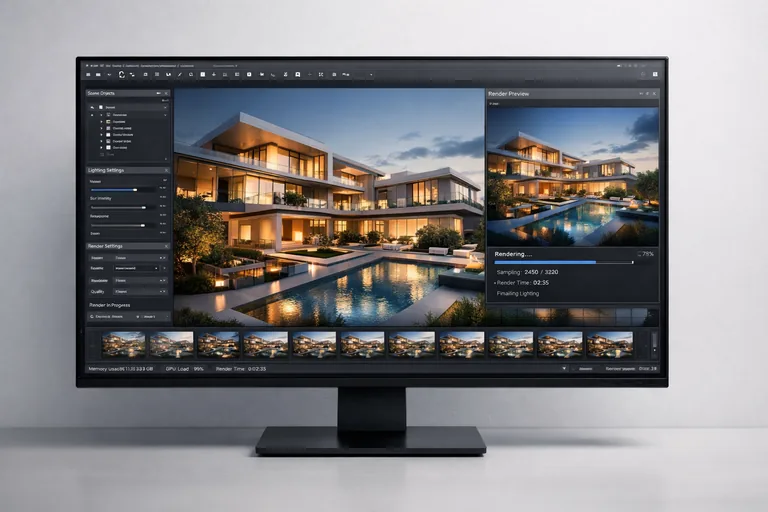 yüksek çözünürlüklü mimari render üretimi sırasında ışık hesaplamaları yapan grafik işlemcisi ve sahne önizleme ekranı