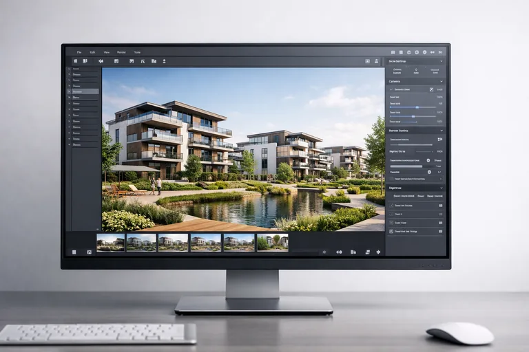 detaylı peyzaj düzenlemesi ve modern konut cephesiyle zenginleştirilmiş yüksek kaliteli mimari render kompozisyonu