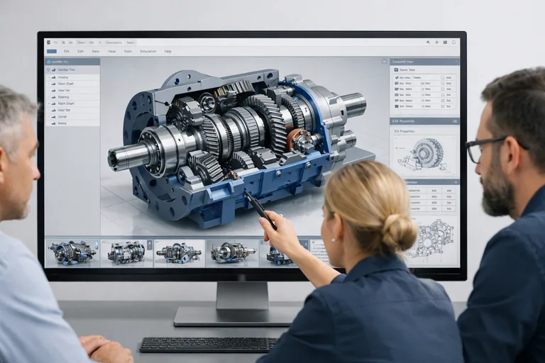Mühendislerin büyük bir ekranda karmaşık makine parçalarının üç boyutlu CAD tasarımını analiz ettiği çalışma ortamı