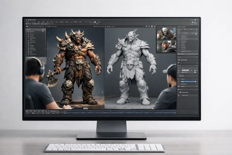Tasarımcıların yüksek performanslı bilgisayarlarda üç boyutlu karakter modelleme üzerinde çalıştığı modern stüdyo ortamı