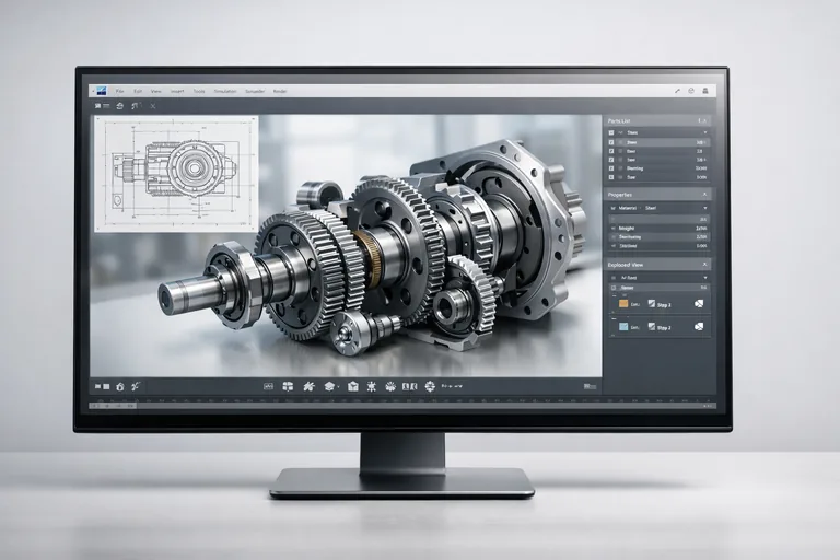 Endüstriyel tasarım sürecinde mekanik parça modeli üzerinde çalışan mühendislerin CAD yazılımı kullandığı teknik çalışma ortamı