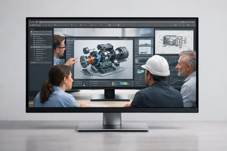 Farklı sektörlerden mühendislerin aynı dijital model üzerinde birlikte çalıştığı modern tasarım ve ürün geliştirme ortamı