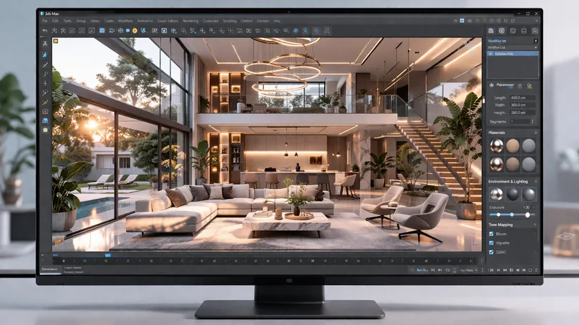 Modern mimari iç mekan tasarımının gerçekçi ışıklandırma ve detaylı materyaller ile oluşturulmuş dijital sunumu