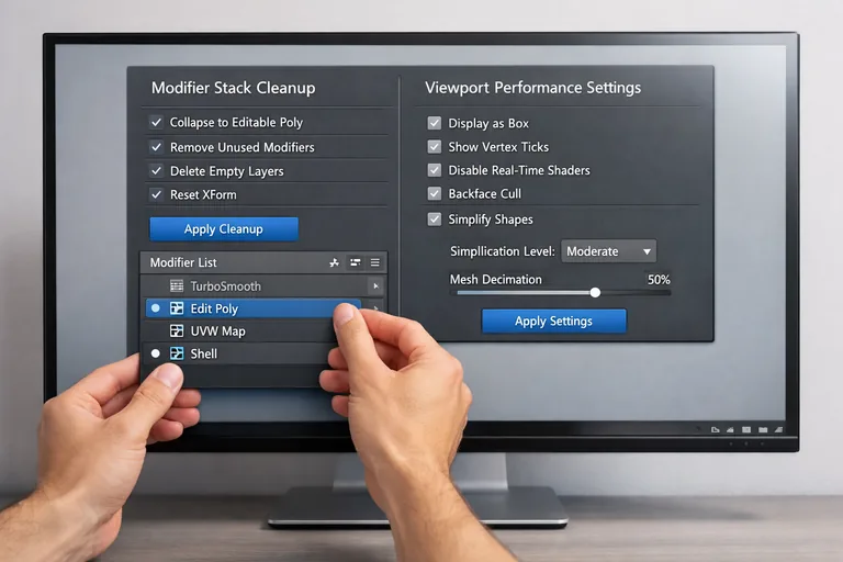 Stack şişmesini önlemek için düzenlenmiş modifier listesi ve optimize edilmiş viewport ayarlarının bulunduğu çalışma ekranı