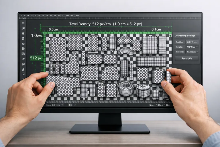 Farklı parçalarda aynı texel density hedefiyle ölçeklenmiş UV adaları ve düzenli packing yerleşimi