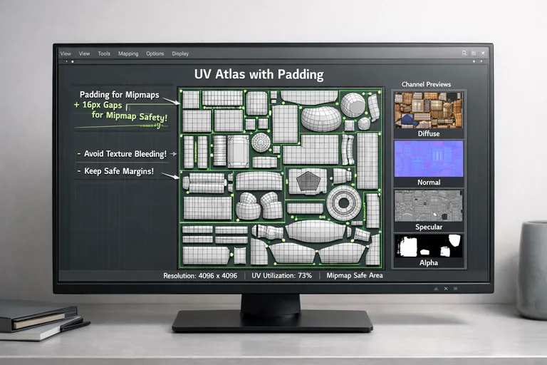 Padding ve mipmap taşmasını önlemek için boşluk bırakılarak pack edilmiş UV atlası ve kanal doğrulama notları