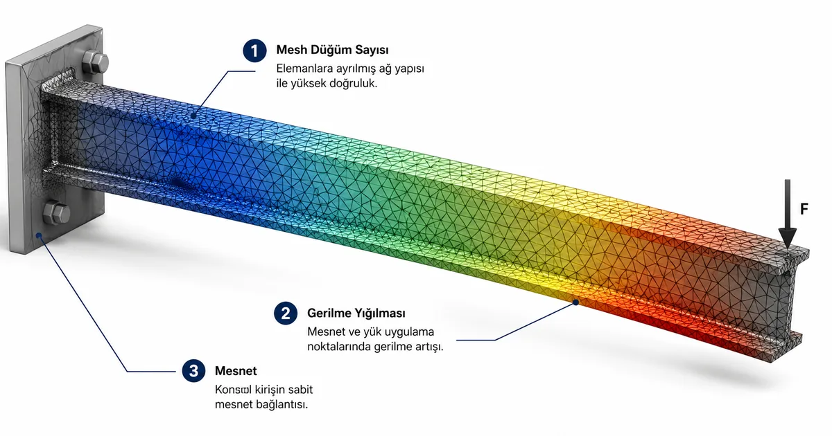 Sonlu elemanlar yöntemi ile çelik konsol kirişin mesh ayrımı ve gerilme dağılımı haritası