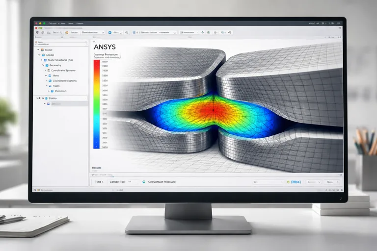 İki metal parçanın temas ettiği bölgede daha ince mesh ve temas basıncı dağılımının kademeli geçişlerle görülmesi