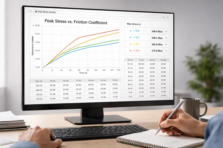 Frictional temas için sürtünme katsayısı değiştikçe gerilme grafiğinin farklı eğrilerle karşılaştırıldığı bir analiz ekranı