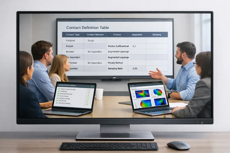 Bir mühendis ekibinin kontakt şablon tablosunu inceleyip montaj türlerine göre parametreleri standardize ettiği toplantı sahnesi