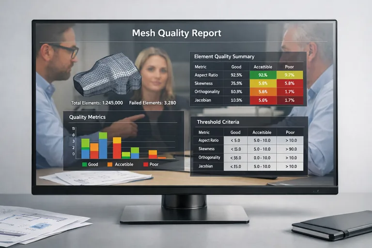 Mühendislerin ekranda mesh kalite raporunu inceleyip eşik değerlerini tabloya işlediği bir ofis ortamı