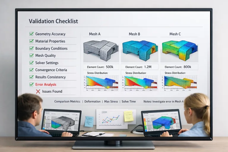 Mühendislerin bir doğrulama kontrol listesini ekranda işaretleyip farklı mesh senaryolarını karşılaştırdığı çalışma ortamı