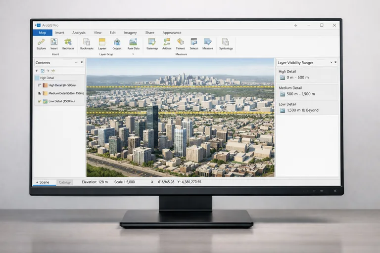 ArcGIS Pro’da LOD katmanları arasında geçiş yaparken bina detaylarının kameraya göre değiştiği 3D görünüm