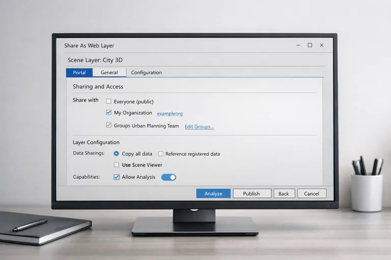 ArcGIS Pro’da portal paylaşım ekranında scene layer yayın ayarları ve erişim yetkileriyle yapılandırma