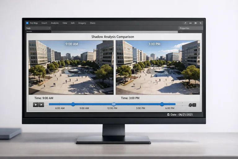 3D şehir modelinde gölge analizi sonuçlarının zaman çizelgesine göre karşılaştırıldığı rapor ekranı