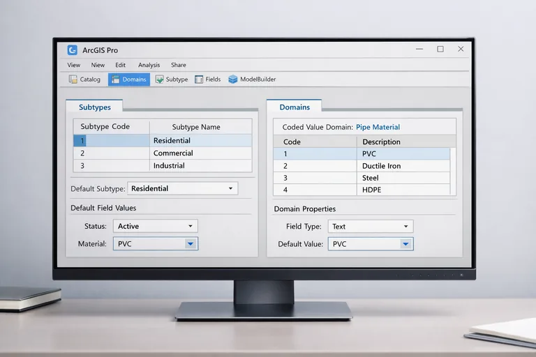 ArcGIS Pro’da domain ve subtype ayar ekranında kodlu değer listeleri ve varsayılan alan değerleriyle veri standardı
