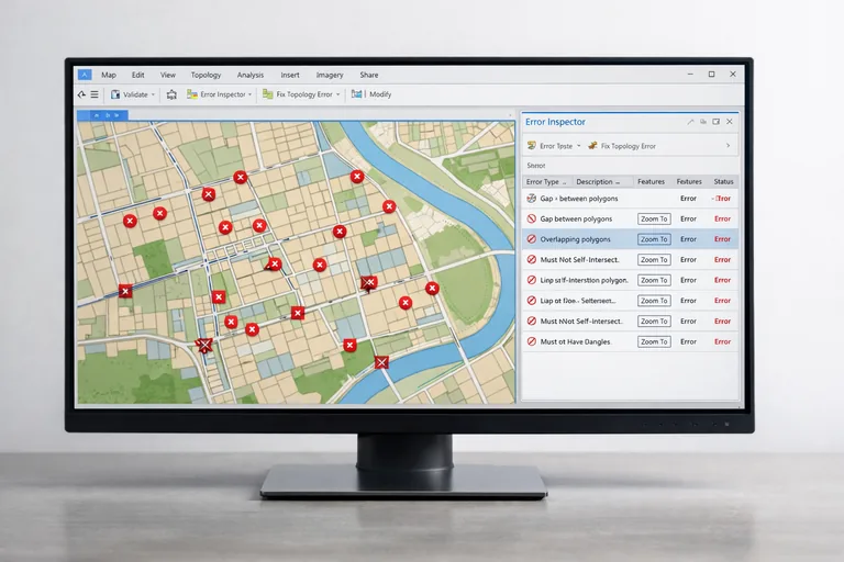 ArcGIS Pro’da topoloji doğrulama sonrası hata işaretleri ve ilişki tablosu sonuçlarıyla kalite kontrol görünümü