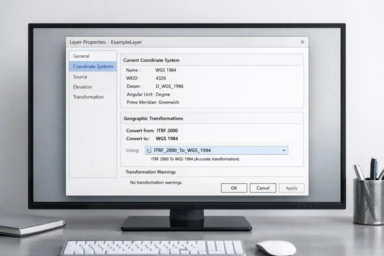 ArcGIS Pro’da katman özelliklerinde koordinat referansı ve dönüşüm seçiminin kontrol edildiği bir çalışma ekranı