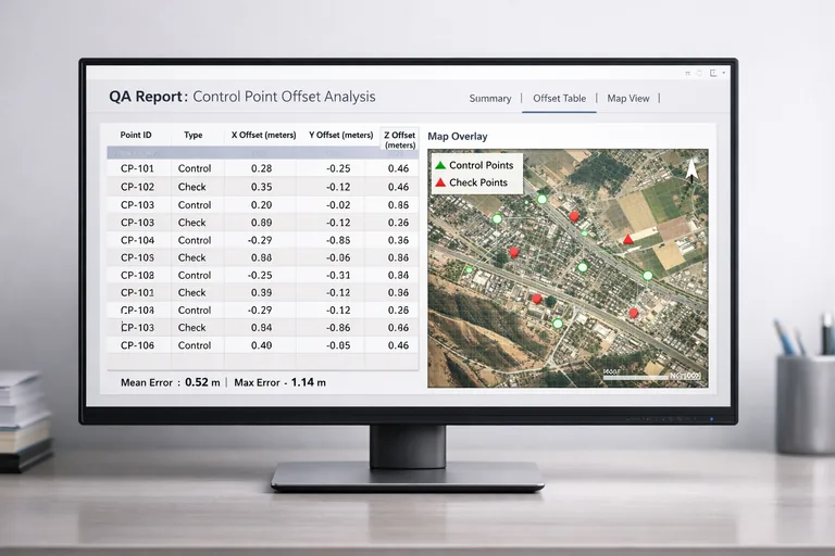Kontrol noktalarıyla ölçülen ofset değerlerinin tablo halinde raporlandığı bir kalite güvence çıktısı