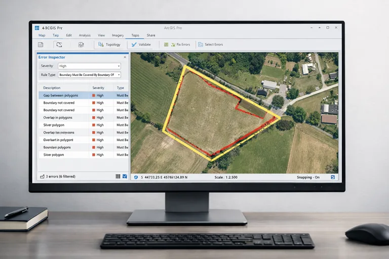ArcGIS Pro’da topoloji hata listesinin tür ve önceliğe göre filtrelenip düzeltme sırasına alındığı panel