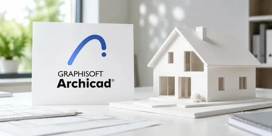 ArchiCAD logosu yanında beyaz mimari konut maketi sade aydınlık çalışma masasında doğal ışıkla