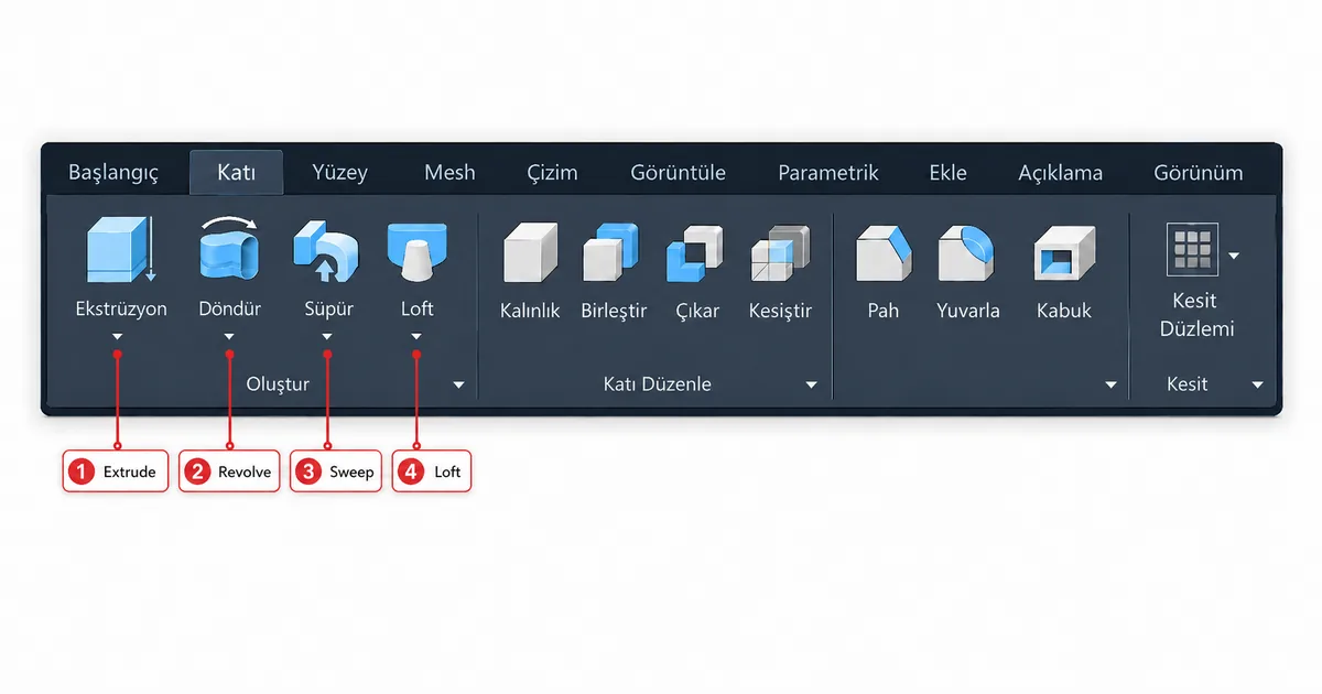 AutoCAD 3D Modeling şerit menüsünde Kati Yuzey Mesh sekmeleri ile EXTRUDE REVOLVE SWEEP LOFT komutlarının numaralı gösterimi