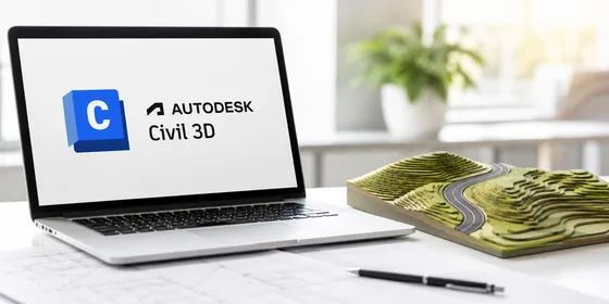 Civil 3D logosu yanında eş yükselti eğrili arazi maketi sade aydınlık çalışma masasında doğal ışıkla