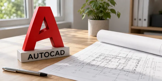 AutoCAD logosu yanında rulo teknik çizim paftası sade aydınlık çalışma masasında doğal ışıkla