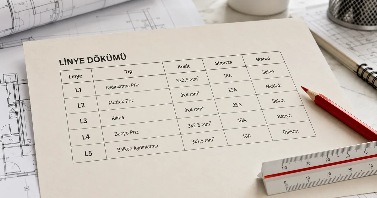 Konut elektrik linye dökümü ve mahal listesi tablosunun yakın görünümü, AutoCAD pafta üstünde