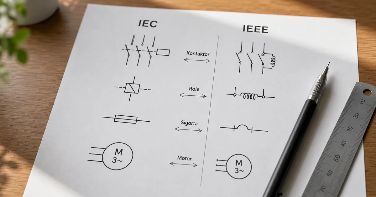 IEC 60617 ve IEEE 315 sembol karşılaştırması IEC 60617 ve IEEE 315 standartlarına göre kontaktör röle motor sembollerinin yan yana karşılaştırma şeması