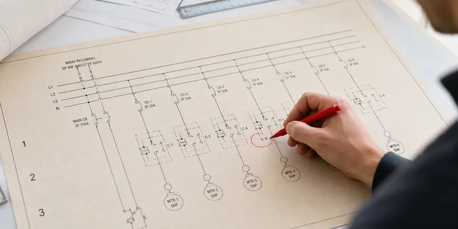 AutoCAD pano şeması çizim ve sembol yerleşimi AutoCAD pano şeması çiziminde IEC sembolleri kontaktör röle sigorta yerleşimi ve devre etiketleri