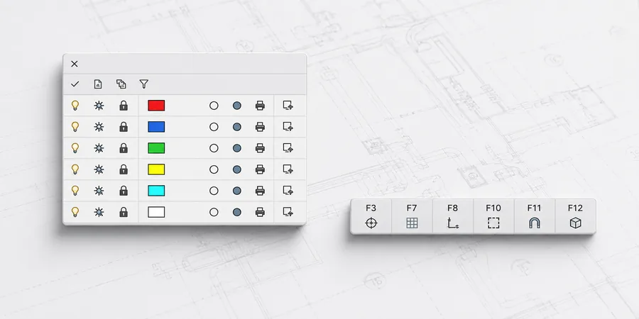 AutoCAD katman yöneticisi şeması ve status bar toggle ikonları gösterimi