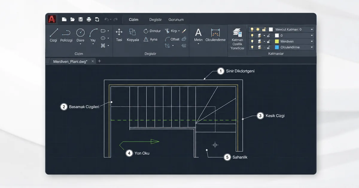 AutoCAD Türkçe arayüzde merdiven planı çizim adımları, katman listesi ve numaralı annotation callout'ları