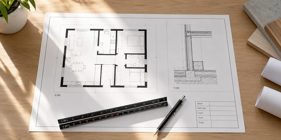 AutoCAD Layout sekmesinde A1 pafta düzeni — 1/50 plan ve 1/20 detay viewport ile antet bloğu