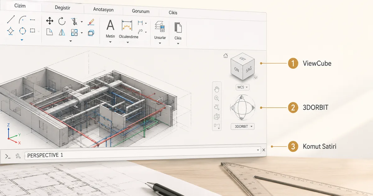 AutoCAD ekran düzeni — sağ üstte ViewCube ve 3DORBIT yörünge sembolü, alt komut satırında PERSPECTIVE 1 yazılı