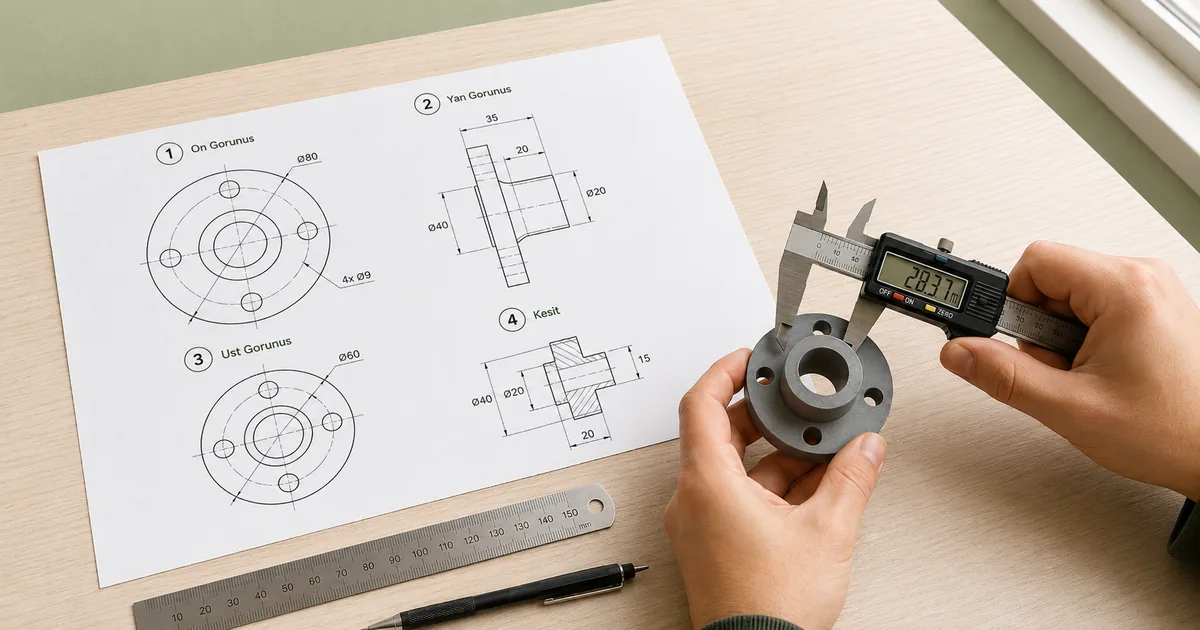 AutoCAD ile Mekanik Parça Üç Görünüş ve Kesit Pratiği AutoCAD Türkçe arayüzünde basit mekanik parça çizimi üç görünüş ölçülendirme ve kesit gösteren öğrenci pafta örneği