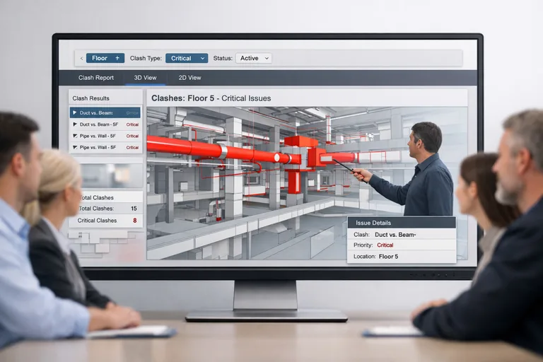 Koordinasyon toplantısında paylaşılan ekran üzerinde search set filtreleriyle P1 çakışmaların kat bazında seçildiği çalışma görünümü