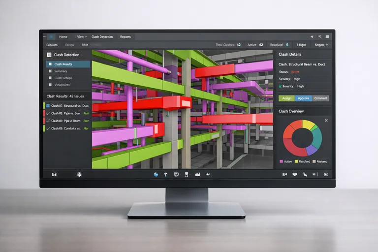 Bilgisayar ekranında çakışma analizi sonuçlarının renkli olarak işaretlendiği BIM yazılım arayüzü
