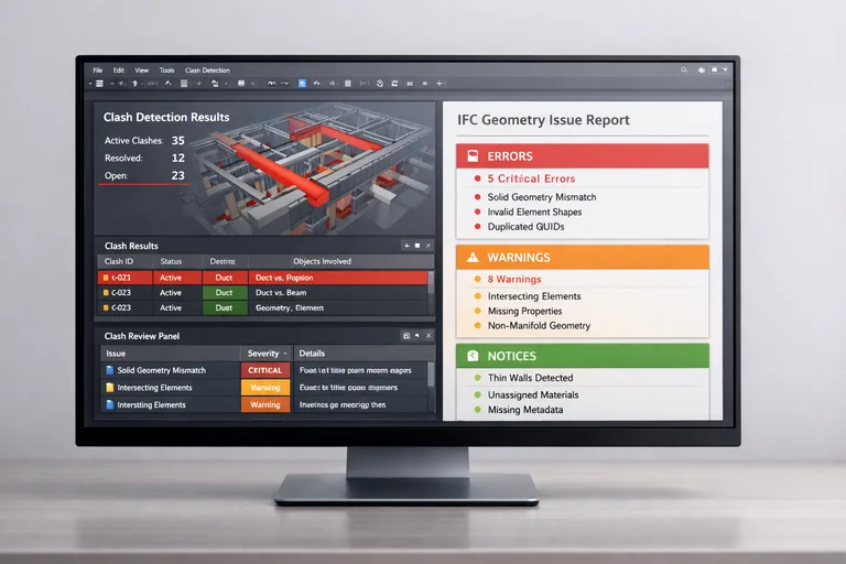 Çakışma denetimi öncesi IFC geometri hatalarını işaretleyen kalite kontrol raporu ve renkli kesitler