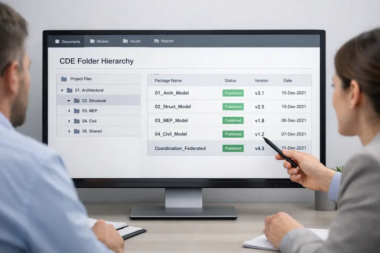 Ortak veri ortamında disiplinlere göre ayrılmış published klasörleri ve koordinasyon modeline bağlanan referans yapısı