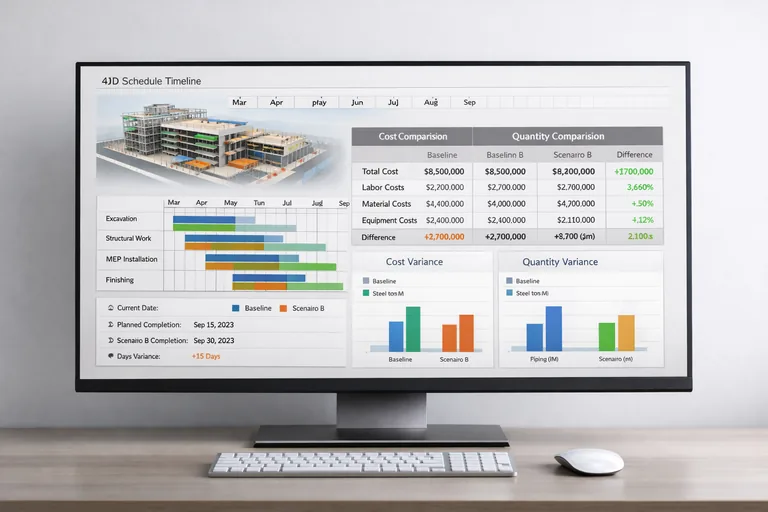 4D zaman çizelgesi ile metraj ve maliyet tablolarının aynı panoda senaryo bazlı karşılaştırılması