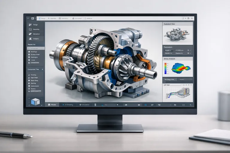Bilgisayar ekranında karmaşık mekanik parçanın üç boyutlu modeli üzerinde mühendislik tasarım çalışması yapılması