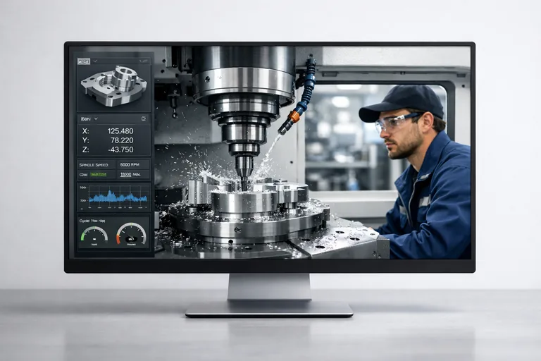 Endüstriyel üretim atölyesinde CNC makinesi tarafından metal parça işlenirken mühendislerin süreci kontrol etmesi