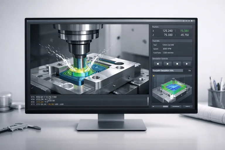 CNC freze makinesinin metal parça üretimi için hazırlanan takım yolu simülasyonu ve işleme stratejisi ekranı