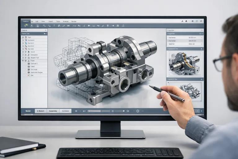 Bilgisayar ekranında detaylı üç boyutlu mekanik parça modeli üzerinde çalışan endüstriyel tasarım süreci
